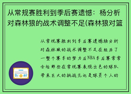 从常规赛胜利到季后赛遗憾：杨分析对森林狼的战术调整不足(森林狼对篮网分析)