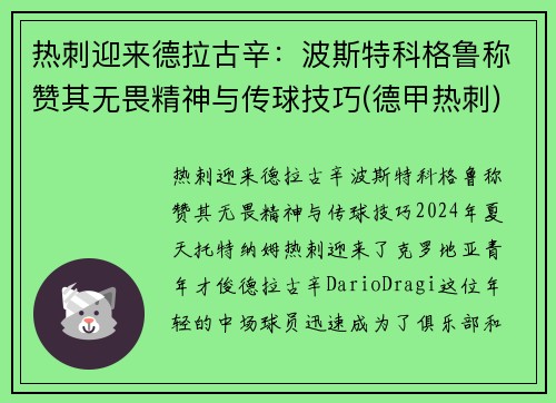 热刺迎来德拉古辛：波斯特科格鲁称赞其无畏精神与传球技巧(德甲热刺)