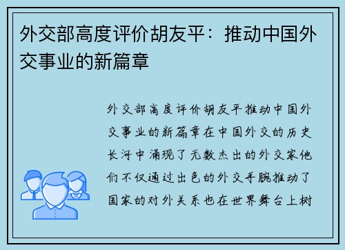 外交部高度评价胡友平：推动中国外交事业的新篇章