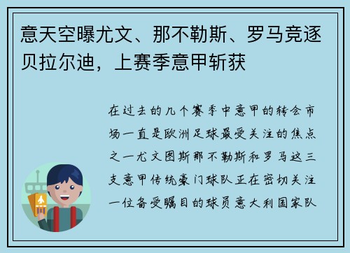 意天空曝尤文、那不勒斯、罗马竞逐贝拉尔迪，上赛季意甲斩获